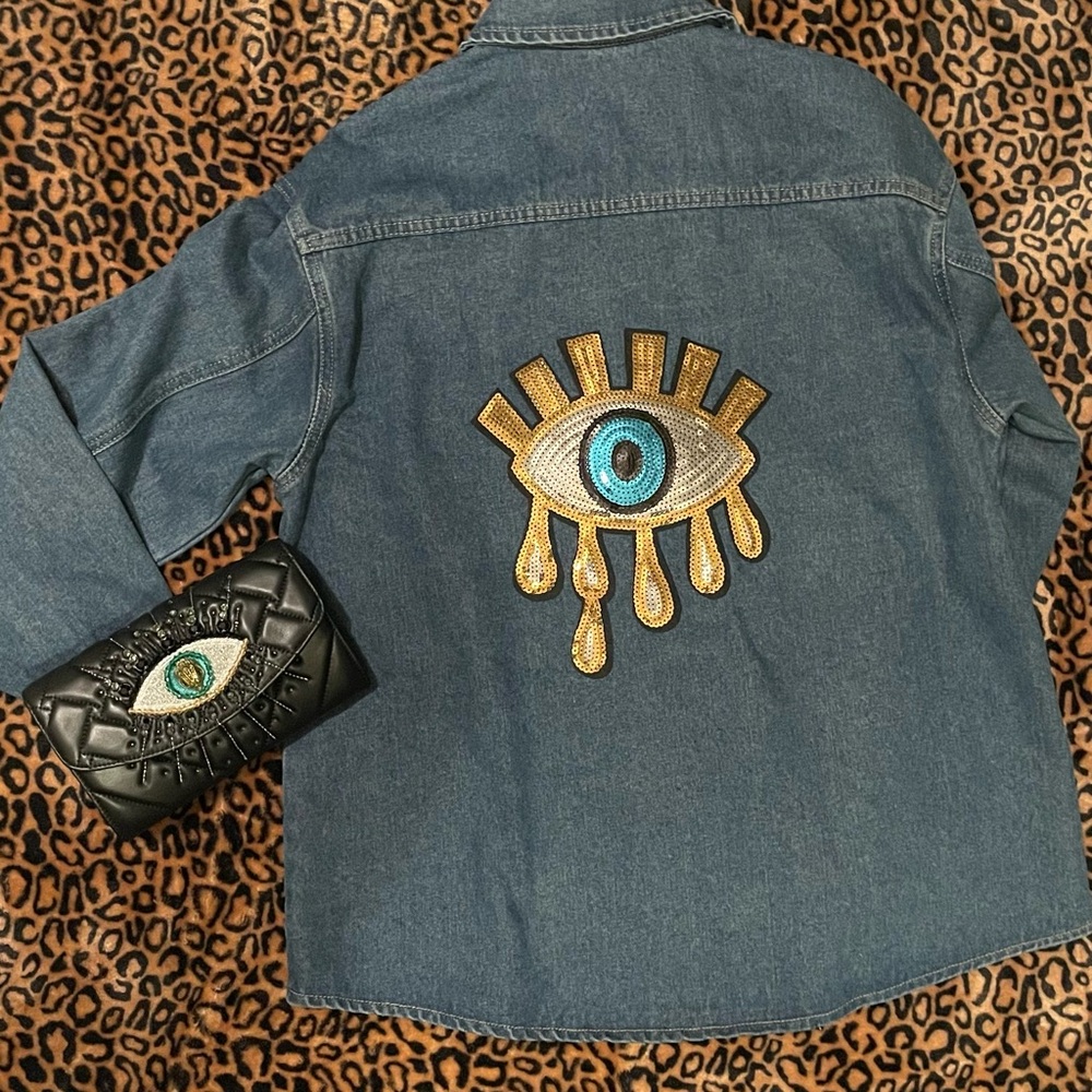 Embroidered Denim Jacket with Eye Design (Black Clutch not included)
